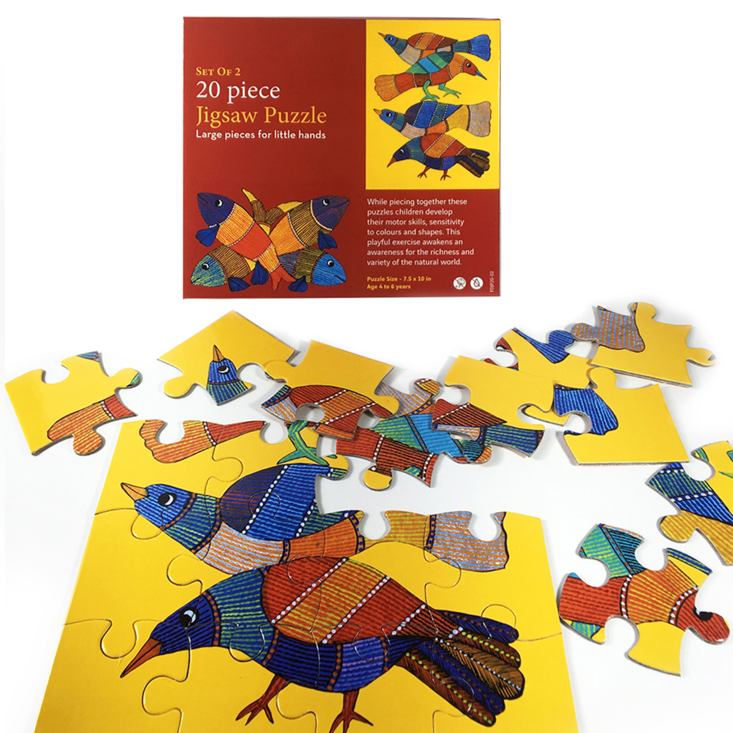 FroggMag - Jigsaw Puzzles - 20 pcs - Gond Art - Bird and Fish